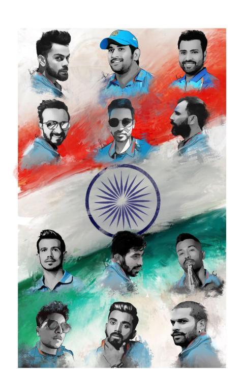Oil painting of Indian national cricket player